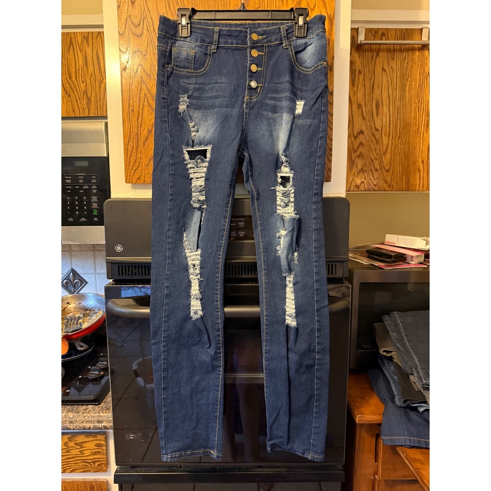 High Waisted Distressed Skinny Jeans Dark Wash Ripped Button Fly Denim Size L